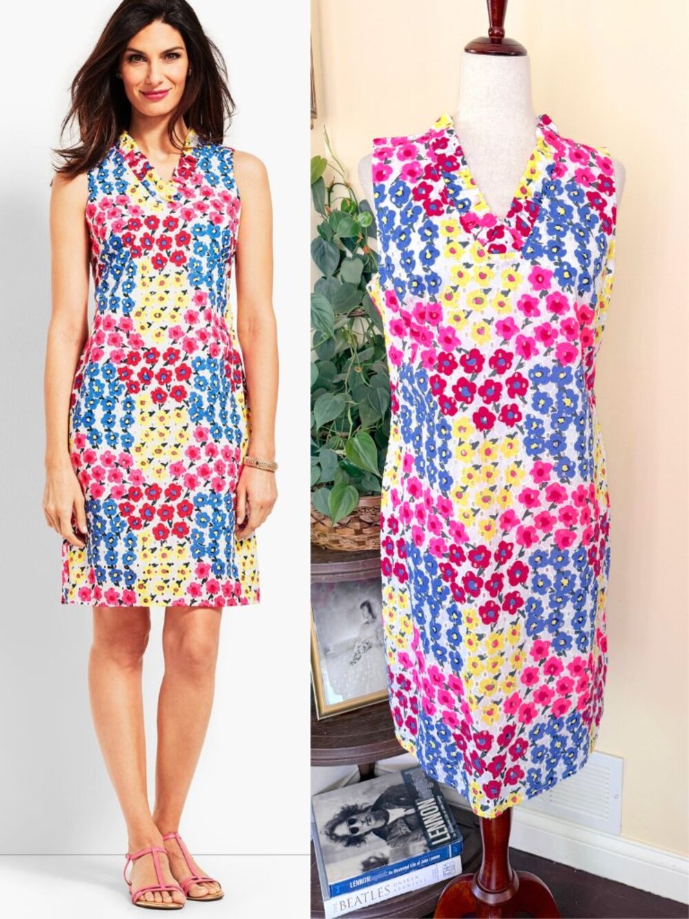 Talbots Colorful Floral Ruffle Neck Eyelet Shift Dress sz 12